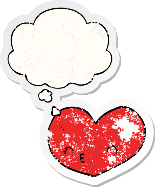 İnsan tarafından çizilmiş yıpranmış bir çıkartma gibi düşünce baloncuklu çizgi film aşk kalbi.