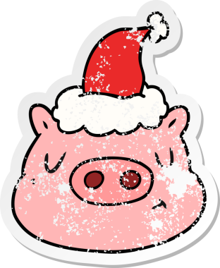 Bir insan tarafından çizilmiş Noel Baba şapkası giymiş domuz suratlı bir el yazısı.