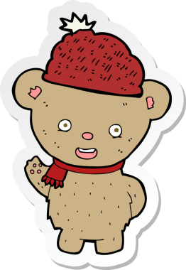 Bir insan tarafından çizilmiş şapkalı çizgi film ayısının çıkartması.