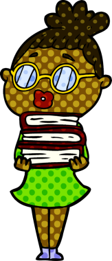 Bir insan tarafından çizilmiş gözlüklü bir kütüphaneci kadın.