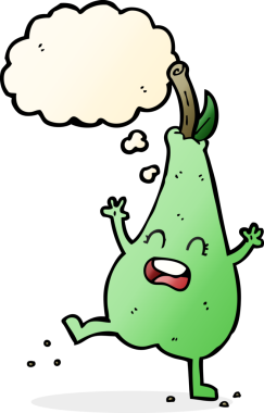 Bir insan tarafından çizilmiş düşünce baloncuğuyla dans eden mutlu bir armut.