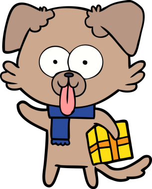 Bir insan tarafından çizilmiş noel hediyeli çizgi film köpeği.