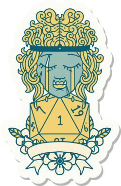 Ağlayan bir ork barbar karakterinin çıkartması. Bir insan tarafından çizilmiş doğal bir D20 rulosu.