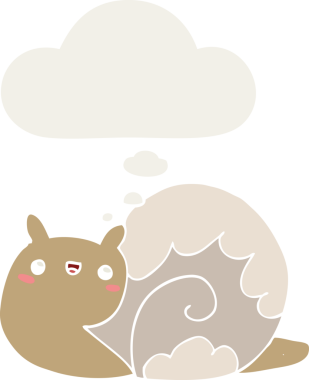 Düşünce baloncuğu insan tarafından çizilmiş sevimli çizgi film salyangozu.