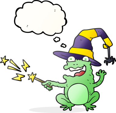 Serbest çizim düşünce balonu karikatür karakurbağası bir insan tarafından çizilmiş büyü