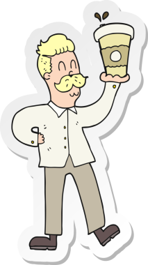 Bir insan tarafından çizilmiş kahve fincanları olan bir karikatürcünün çıkartması.