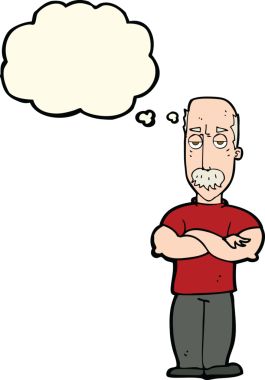 Bir insan tarafından çizilmiş, bıyıklı kızgın bir çizgi film karakteri.