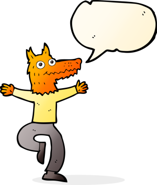 Bir insan tarafından çizilmiş konuşma balonlu tilki adam.