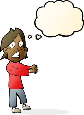 Bir insan tarafından çizilen düşünce baloncuğuyla şok olmuş bir adam.