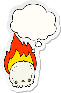 İnsan tarafından çizilmiş bir çıkartma olarak düşünce baloncuğu ile yanan bir kafatası.