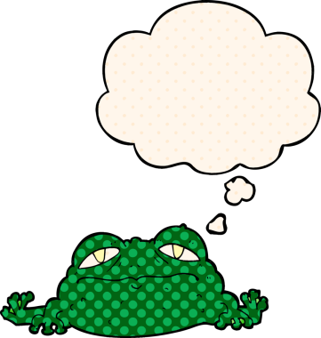 Çizgi roman tarzında düşünce balonu olan çirkin kurbağa insan tarafından çizilmiş.