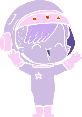 Düz renkli çizgi film. Gülen astronot kız bir insan tarafından çizilmiş.