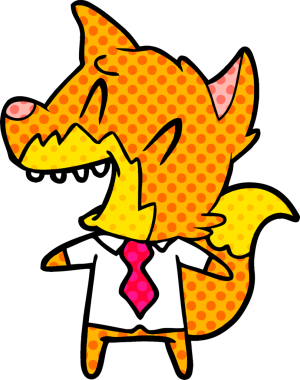 Bir insan tarafından çizilmiş gömlekli ve kravatlı gülen tilki.