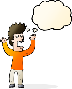 Bir insan tarafından çizilmiş düşünce baloncuğuyla dehşete düşmüş bir adam.