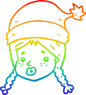 Gökkuşağı gradyan çizgisi bir insan tarafından çizilmiş noel şapkası giyen bir kız çizimi.