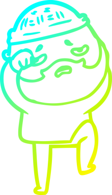 Bir insan tarafından çizilmiş sakallı, endişeli bir çizgi film çizimi.