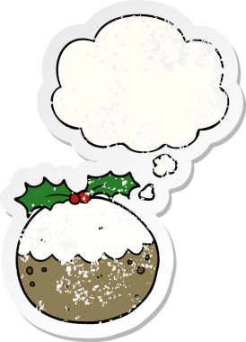 Düşünce baloncuklu Noel pudingi insan tarafından çizilmiş yıpranmış bir çıkartma.