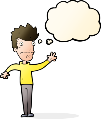 Çizgi filmdeki endişeli adam bir insan tarafından çizilmiş düşünce balonuyla uzanıyor.