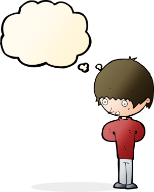 Bir insan tarafından çizilmiş düşünce baloncuğu olan sinirli bir çocuk.