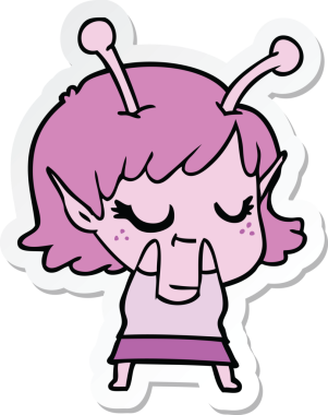 Bir insan tarafından çizilmiş gülümseyen uzaylı bir kızın çıkartması.