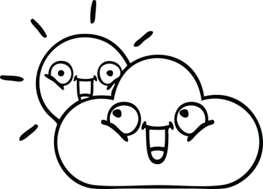 Bir insan tarafından çizilmiş fırtına bulutu ve güneş çizimleri.