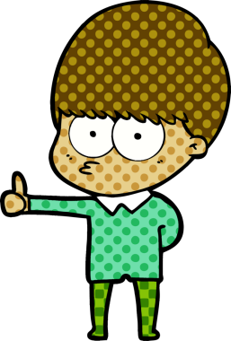 Meraklı çizgi film çocuğu bir insan tarafından çizilmiş işaret veriyor.