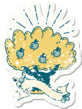 Bir insan tarafından çizilmiş dövme stili elma ağacının eski bir çıkartması.