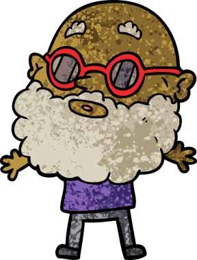 Bir insan tarafından çizilmiş sakallı ve güneş gözlüklü meraklı bir adam.