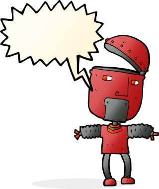 Bir insan tarafından çizilmiş, açık kafalı komik çizgi film robotu.