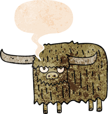 çizgi film kıllı inek konuşma baloncuğu ile grunge sıkıntılı retro dokuma bir insan tarafından çizilmiş