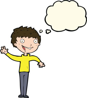 Bir insan tarafından çizilmiş düşünce baloncuğuyla el sallayan mutlu çocuk.