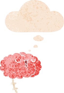 Mutlu çizgi film beyni. Düşünce baloncuğu ve grunge dertli retro dokuma bir insan tarafından çizilmiş.