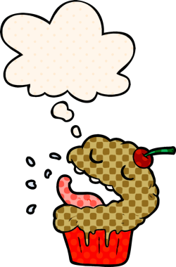 Bir insan tarafından çizilmiş, düşünce baloncuklu çizgi roman tarzı kek.