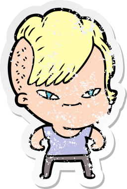 Hipster saç kesimi bir insan tarafından çizilmiş tatlı bir çizgi film kızına ait sıkıntılı bir etiket.