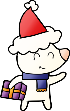 Noel hediyesi olan dişi kutup ayısı bir insan tarafından çizilmiş Noel Baba şapkası giyiyor.