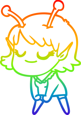 Bir insan tarafından çizilmiş gülümseyen uzaylı kız çizgi filmi.