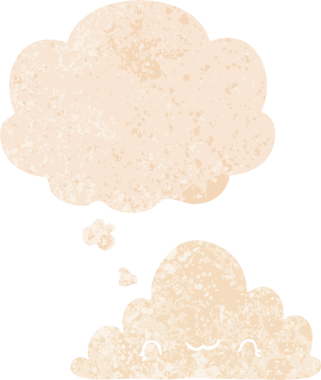 Düşünce baloncuğu ve grunge ile sevimli çizgi film bulutu bir insan tarafından çizilmiş sıkıntılı retro dokuma tarzı