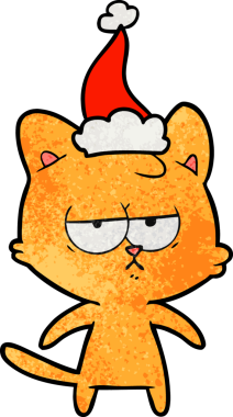 Bir insan tarafından çizilmiş Noel Baba şapkası takan bir kedinin çizilmiş el resmi.