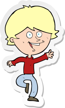 Bir insan tarafından çizilmiş mutlu, el sallayan bir çocuğun çıkartması.