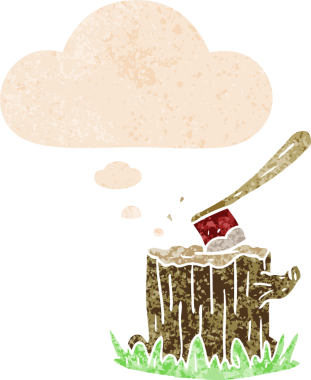 ağaç kütüğünde çizgi film baltası grunge 'da düşünce baloncuğu sıkıntılı retro desen insan tarafından çizilmiş