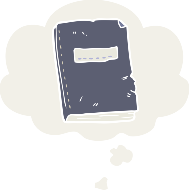 Eski bir çizgi roman. Düşünce baloncuğu olan eski bir defter. İnsan tarafından çizilmiş.