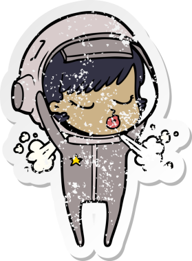 Çizgi film çıkartması. Güzel astronot kız. Bir insan tarafından çizilmiş kaskını çıkarıyor.