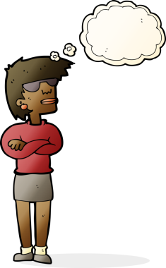 Bir insan tarafından çizilmiş düşünce baloncuğuyla rahatsız bir kadın.