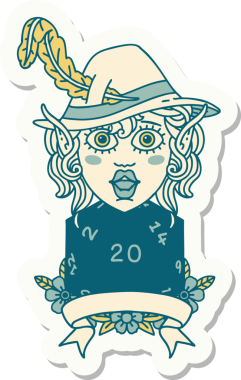 Bir insan tarafından çizilmiş 20 zarlı elf şairinin çıkartması.