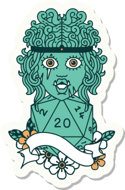 Bir insan tarafından çizilmiş 20 zarlı yarı ork barbar bir karakterin çıkartması.