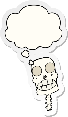 İnsan tarafından çizilmiş bir çıkartma olarak düşünce baloncuğu olan karikatürümsü kafatası.