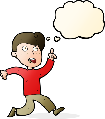 Bir insan tarafından çizilen düşünce baloncuğuyla panikleyen çizgi film çocuğu.