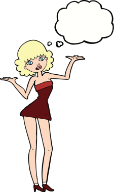 Bir insan tarafından çizilmiş düşünce balonlu kokteyl elbiseli kadın.