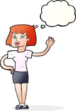 Bir insan tarafından çizilmiş düşünce baloncuğuyla el sallayan çizgi film kadını.