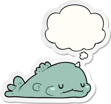 Düşünce baloncuklu karikatür balığı insan tarafından çizilmiş bir çıkartma.